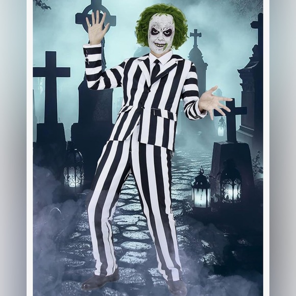Black and White Striped Suit Men Scary Beetlejuice Costume Adult Size M - Picture 5 of 6